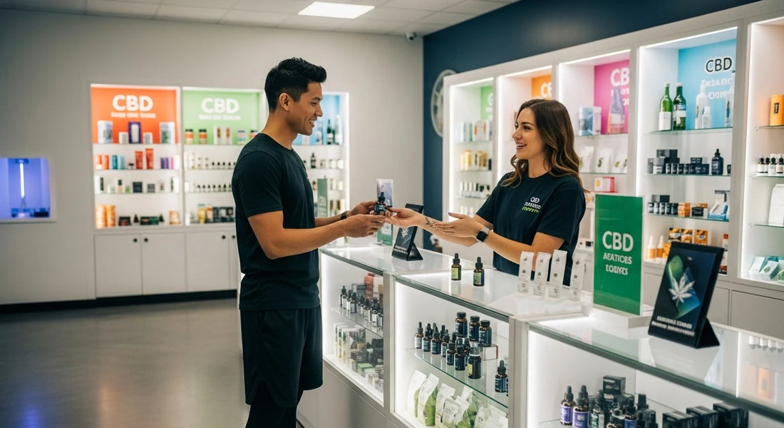 An athletic man at desk speaking to CBD receptionist.