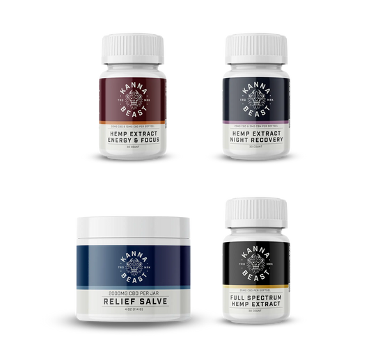 Kanna Beast CBD Athletic Recovery Bundle with four hemp extract products for complete training support