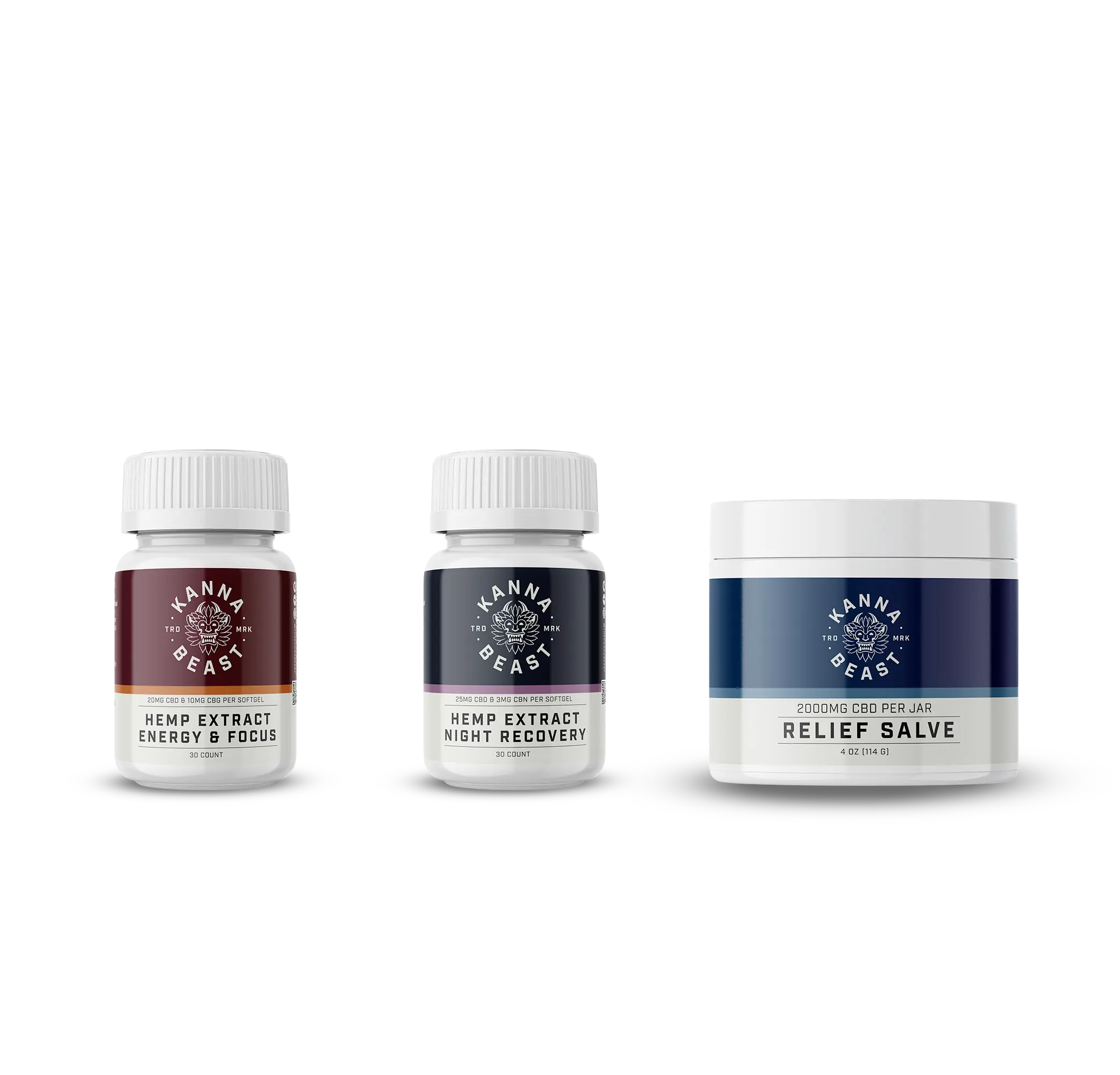 CBD Athletic Recovery Bundle - Complete Hemp Extract Kit with Energy Focus, Night Recovery softgels and Relief Salve for athletes