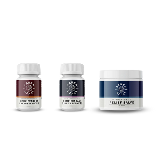 CBD Athletic Recovery Bundle - Complete Hemp Extract Kit with Energy Focus, Night Recovery softgels and Relief Salve for athletes