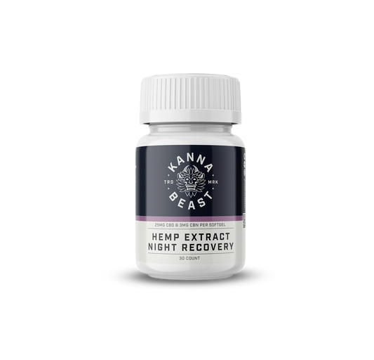 Kanna Beast Hemp Extract Night Recovery capsules bottle - 25mg CBD sleep support supplement for athletes