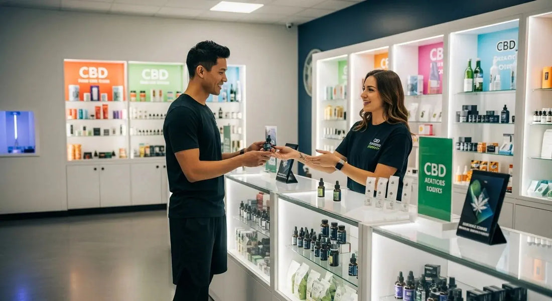 An athletic man at desk speaking to CBD receptionist. 