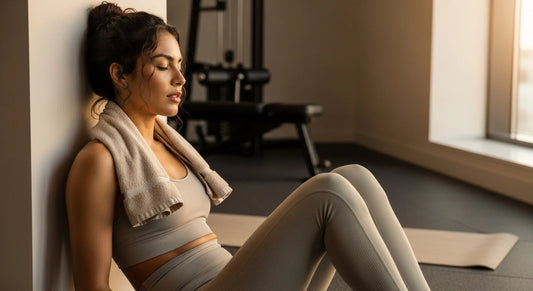 Woman resting against wall in gym after intense workout, demonstrating the need for effective muscle recovery methods like CBD products to reduce post-exercise soreness and inflammation