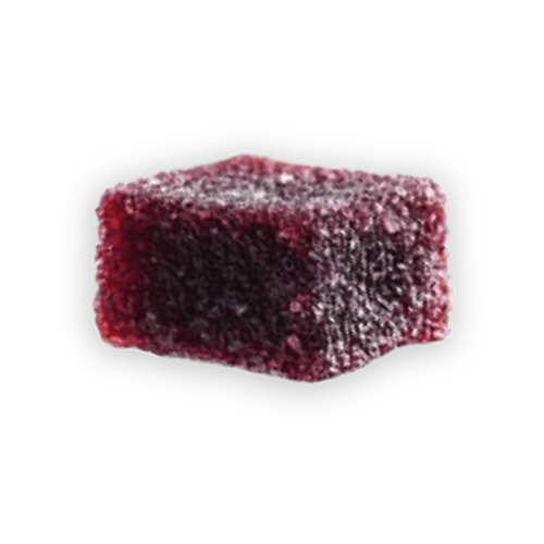 Red, sugar-coated, square jelly candy on a black background.