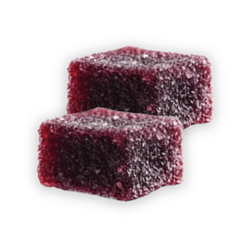 Red, sugar-coated, square jelly candy on a black background.