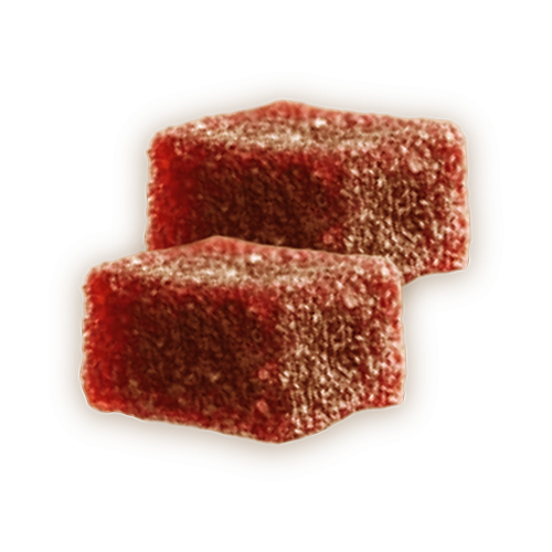 Red, sugar-coated, square jelly candy on a black background.