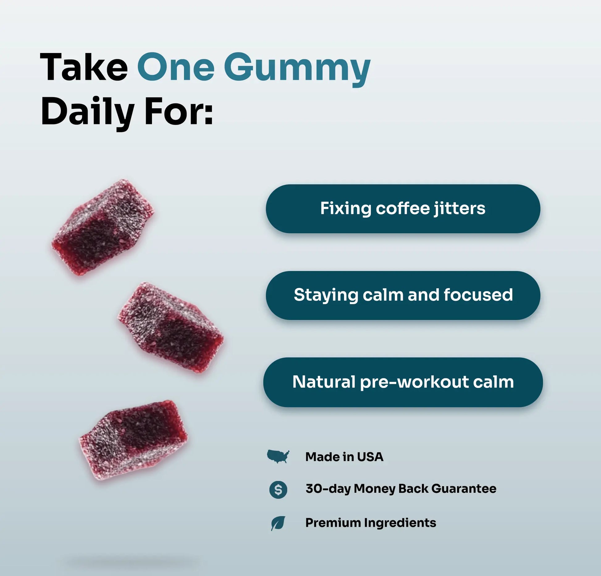 Take one CBD gummy daily for fixing coffee jitters, staying calm and focused, natural pre-workout calm - Made in USA with 30-day money back guarante