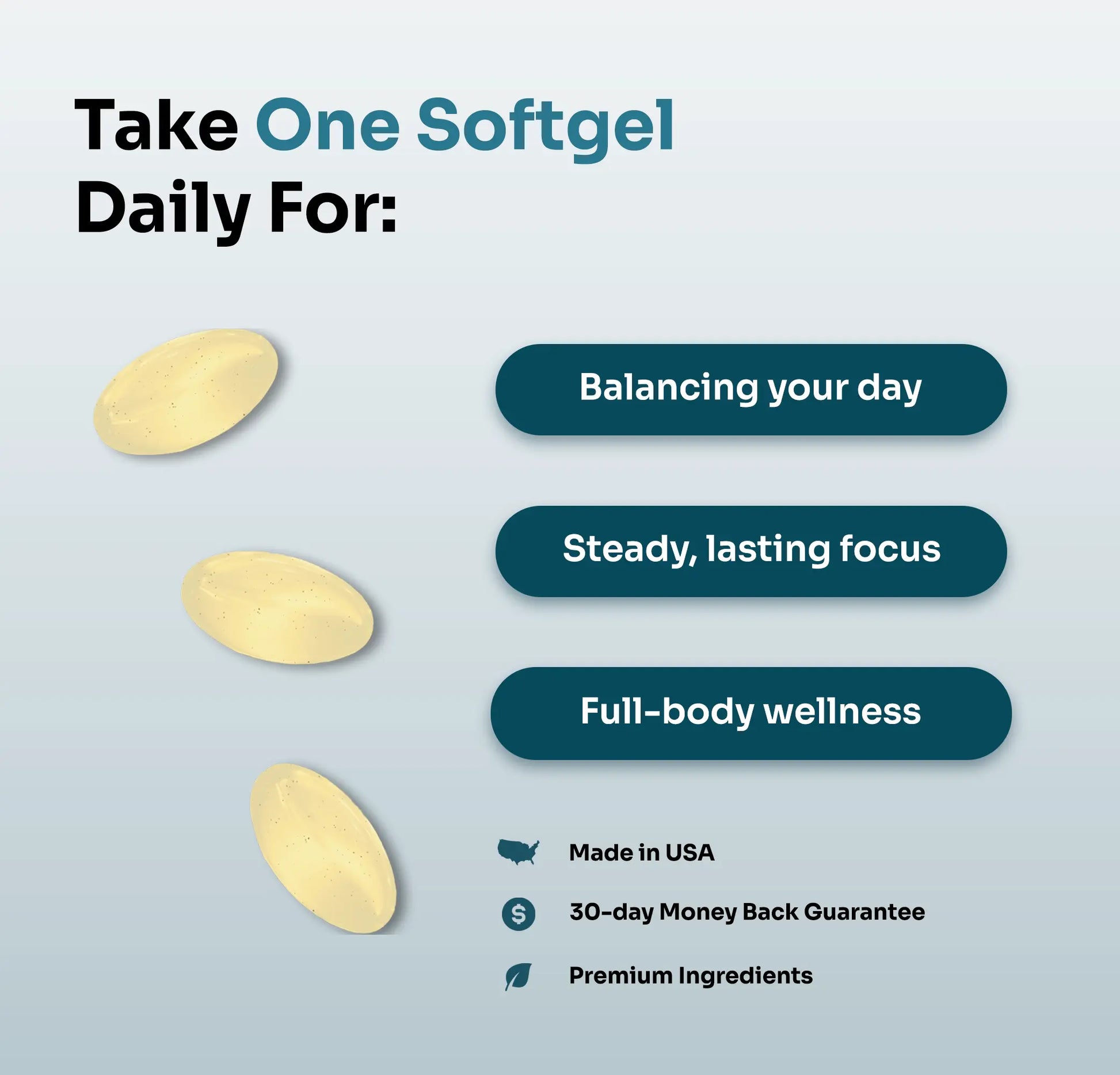 Take one Full Spectrum CBD Softgel daily for athletic recovery - balancing your day, steady focus, and full-body wellness benefits