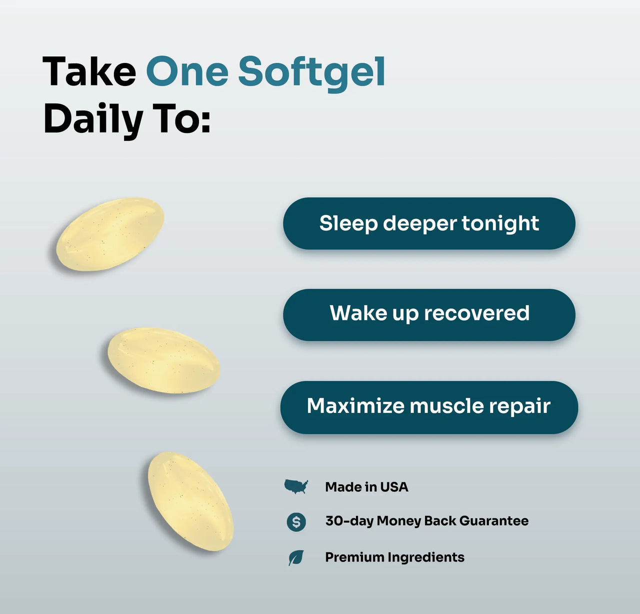 Hemp Extract Night Recovery softgel capsules with daily benefits - sleep deeper, wake up recovered, maximize muscle repair