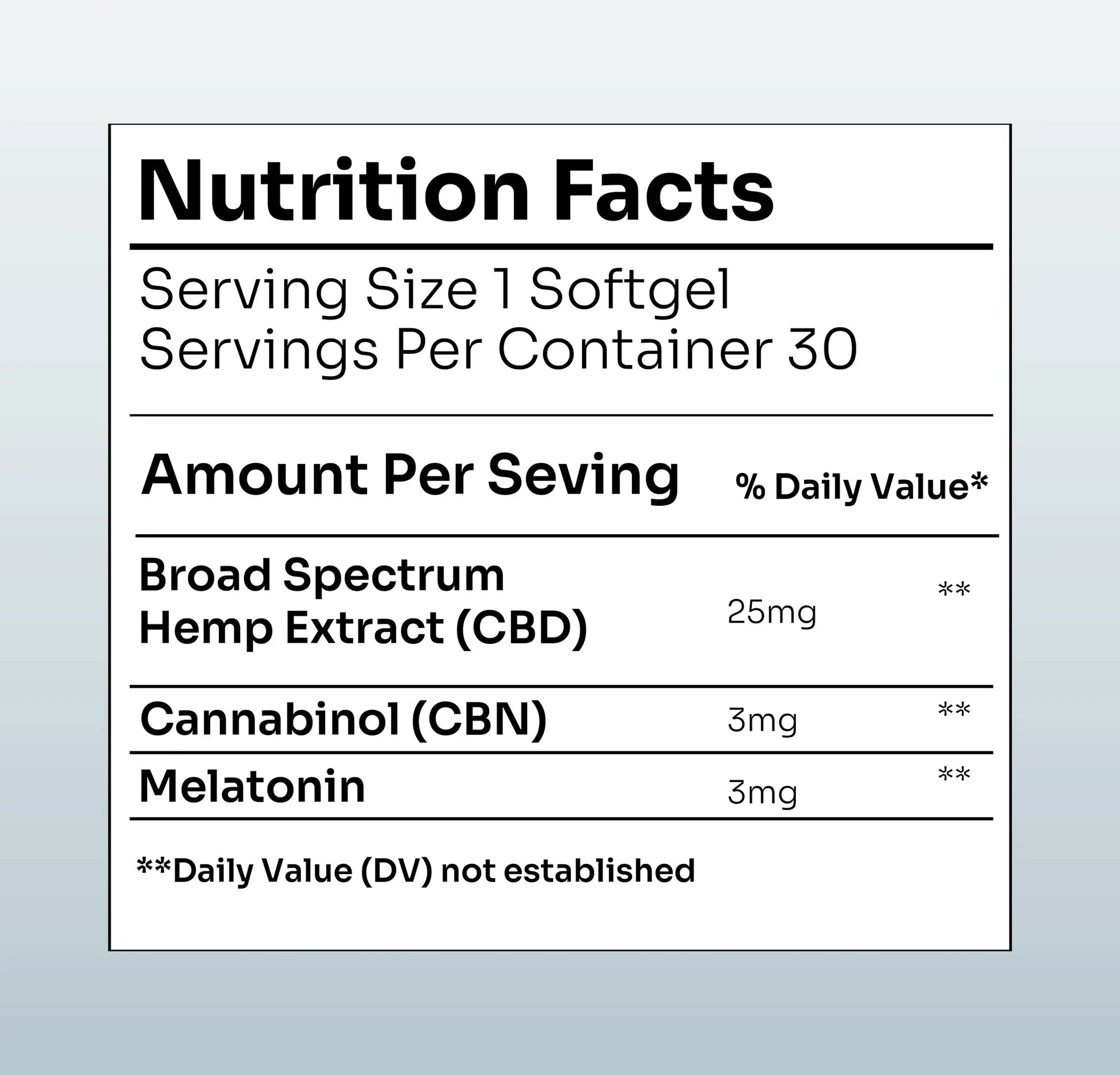 Hemp Extract Night Recovery nutrition facts label - 25mg CBD, 3mg CBN, 3mg melatonin per softgel serving