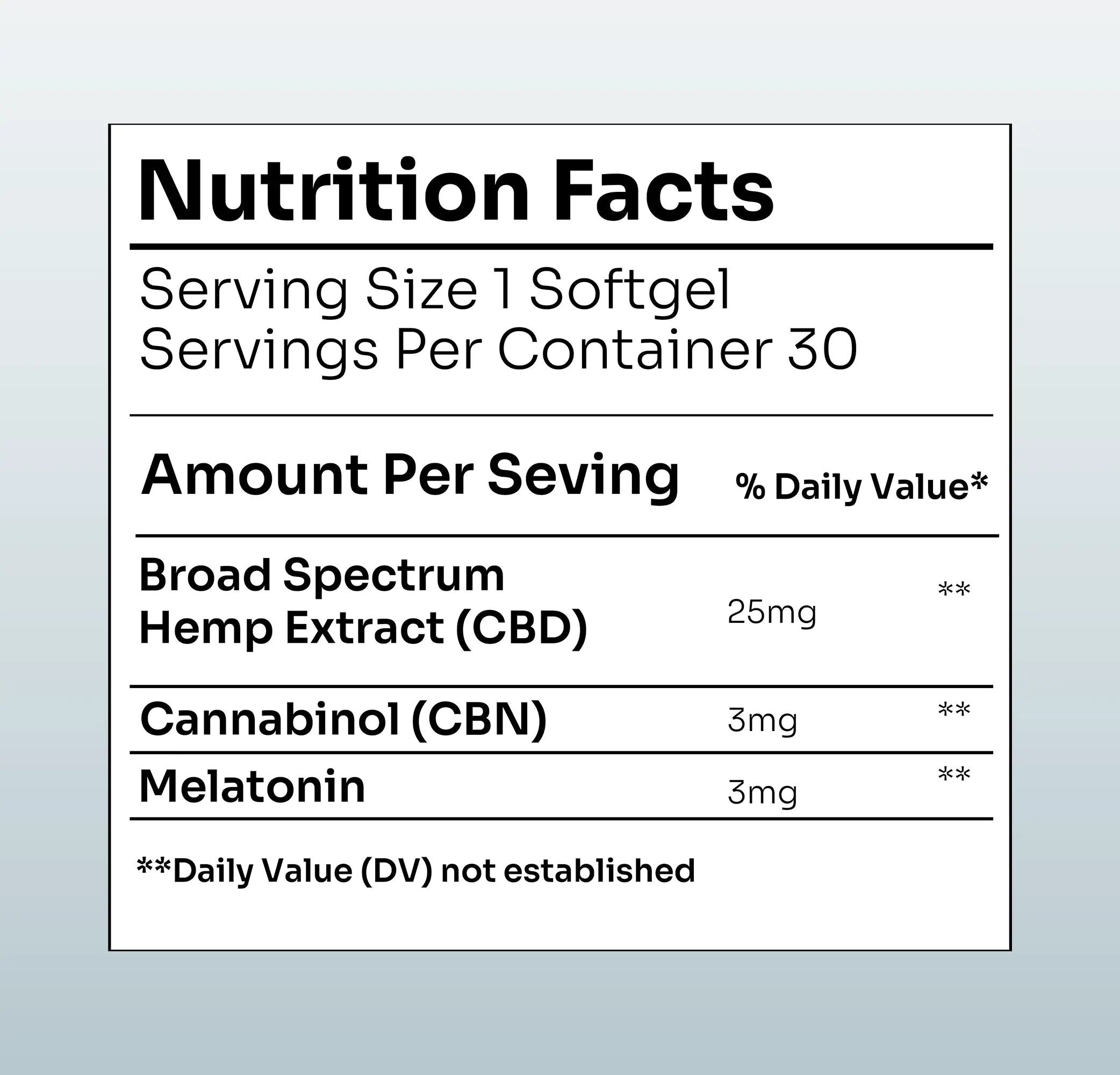 Hemp Extract Night Recovery nutrition facts label - 25mg CBD, 3mg CBN, 3mg melatonin per softgel serving