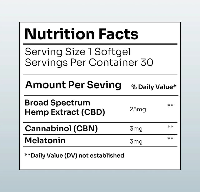 Hemp Extract Night Recovery nutrition facts label - 25mg CBD, 3mg CBN, 3mg melatonin per softgel serving