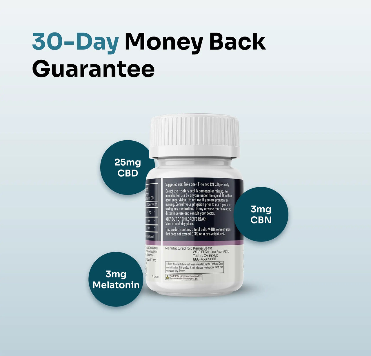 Kanna Beast Hemp Extract Night Recovery bottle with 30-day money back guarantee - 25mg CBD, 3mg CBN, 3mg melatonin sleep supplement