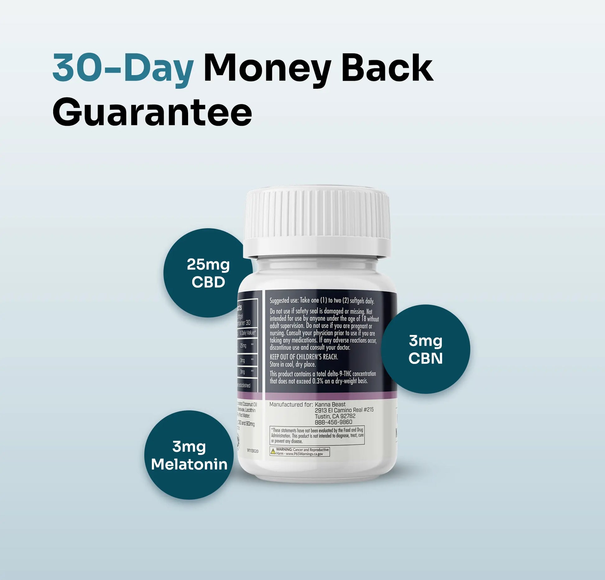 Kanna Beast Hemp Extract Night Recovery bottle with 30-day money back guarantee - 25mg CBD, 3mg CBN, 3mg melatonin sleep supplement