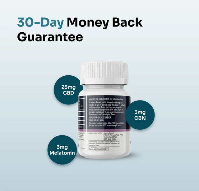 Kanna Beast Hemp Extract Night Recovery bottle with 30-day money back guarantee - 25mg CBD, 3mg CBN, 3mg melatonin sleep supplement