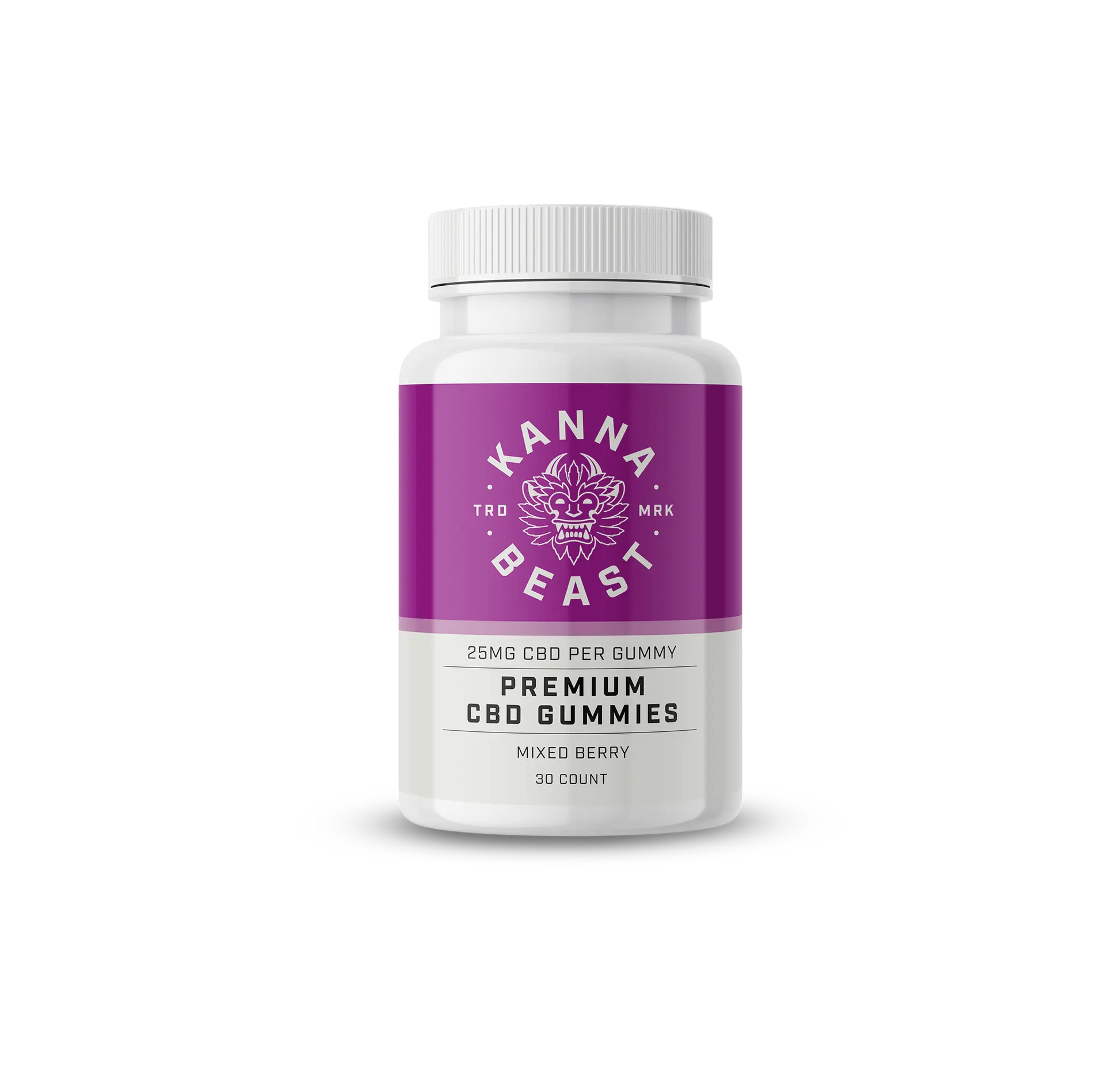Kanna Beast Premium CBD Gummies bottle - 25mg CBD per gummy, mixed berry flavor, 30 count white container with purple label featuring beast logo