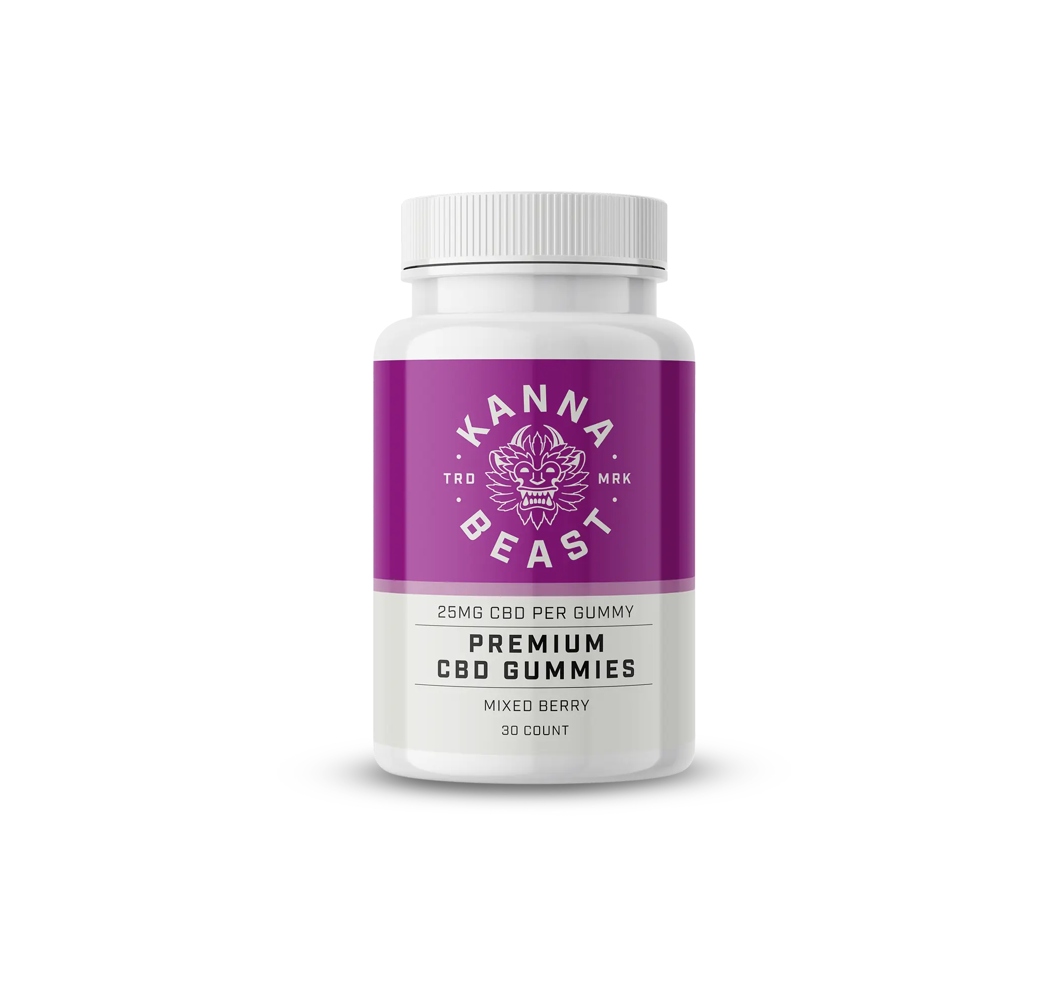 Kanna Beast Premium CBD Gummies bottle - 25mg CBD per gummy, mixed berry flavor, 30 count white container with purple label featuring beast logo